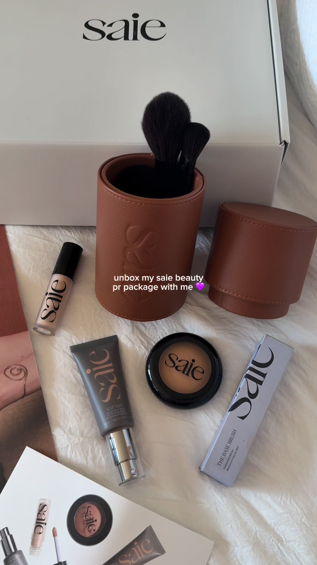 TikTok post by @carogranger9 for Saie hello. Caption reads: @Saie always has the cutest gifts ever 💜🥹 unbox....