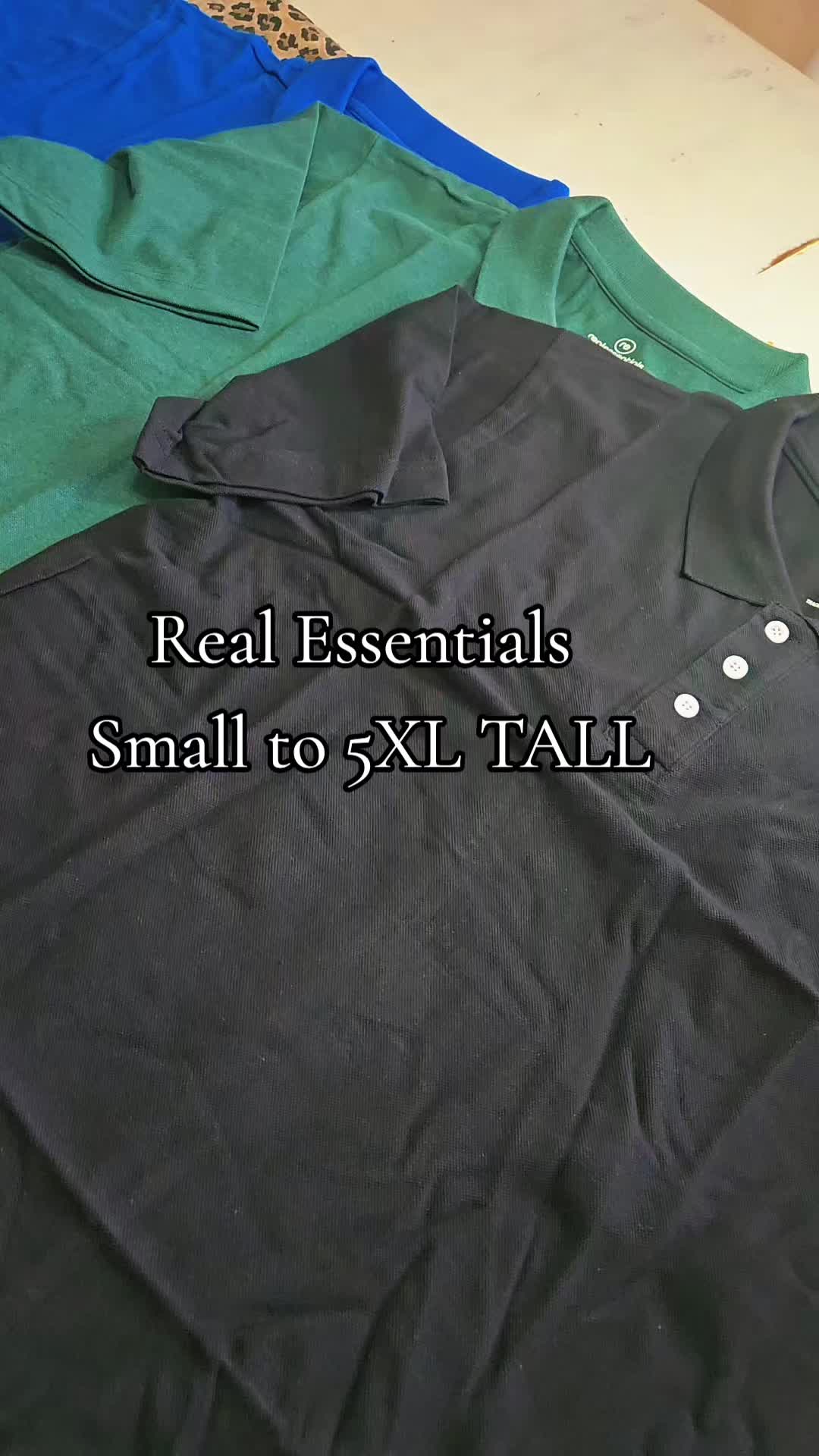 TikTok post by @deedeewebb6 for Real Essentials. Caption reads: Real Essentials Polo Shirts. Sizes Small to 5XL....
