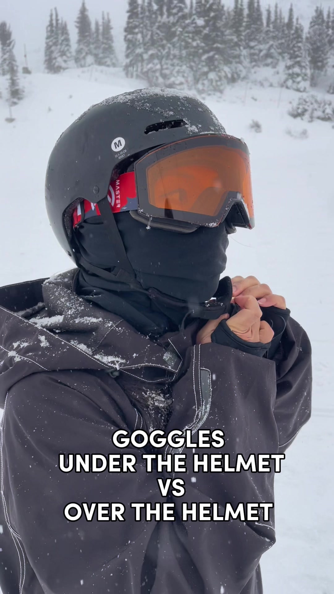 TikTok post by @snowboardprocamp_ for OutdoorMaster. Caption reads: [...] goggles under or over your helmet?....
