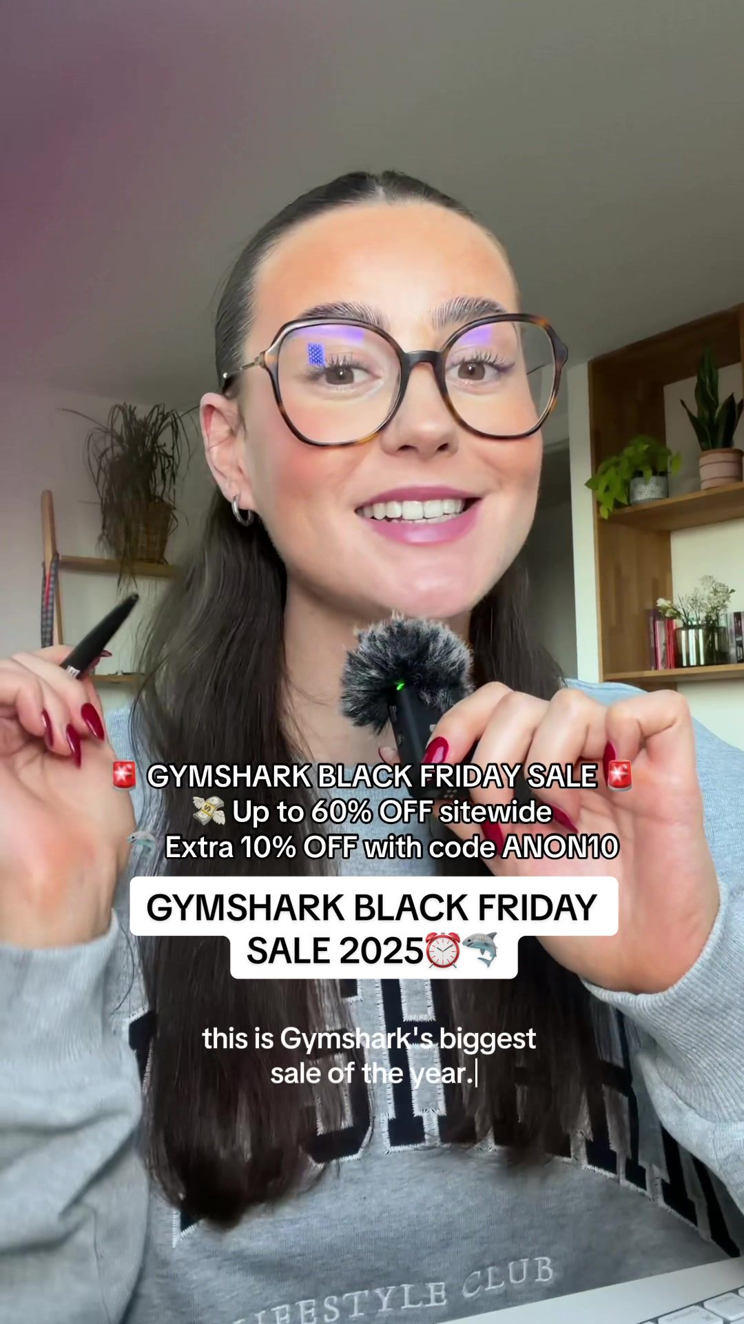TikTok post by @theanongymgirl for Gymshark. Caption reads: 🦈 The @Gymshark Black Friday Sale is finally....