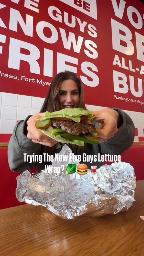 Instagram post by @whatmolly.eats for Five Guys Burgers & Fries. Caption reads: Come with me to try the new ‘lettuce wrap’ from....