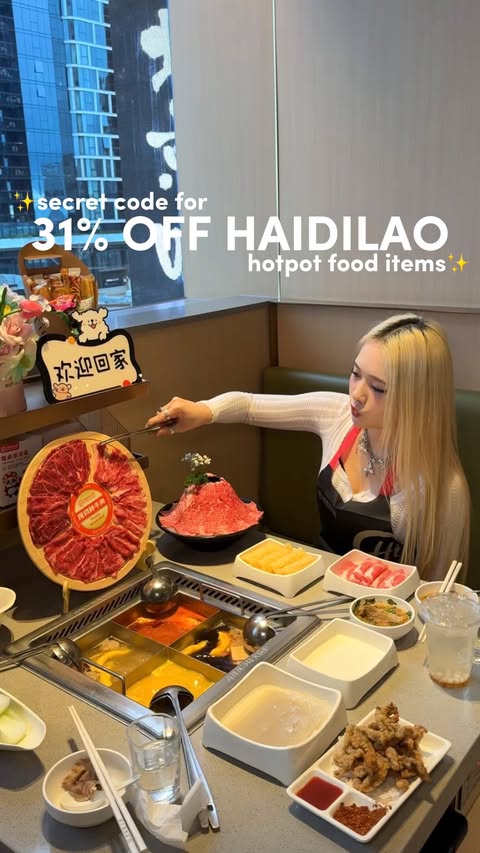 Instagram post by @melbiebrunchie for Haidilao US. Caption reads: 🤫 31% OFF Haidilao food items with this secret....