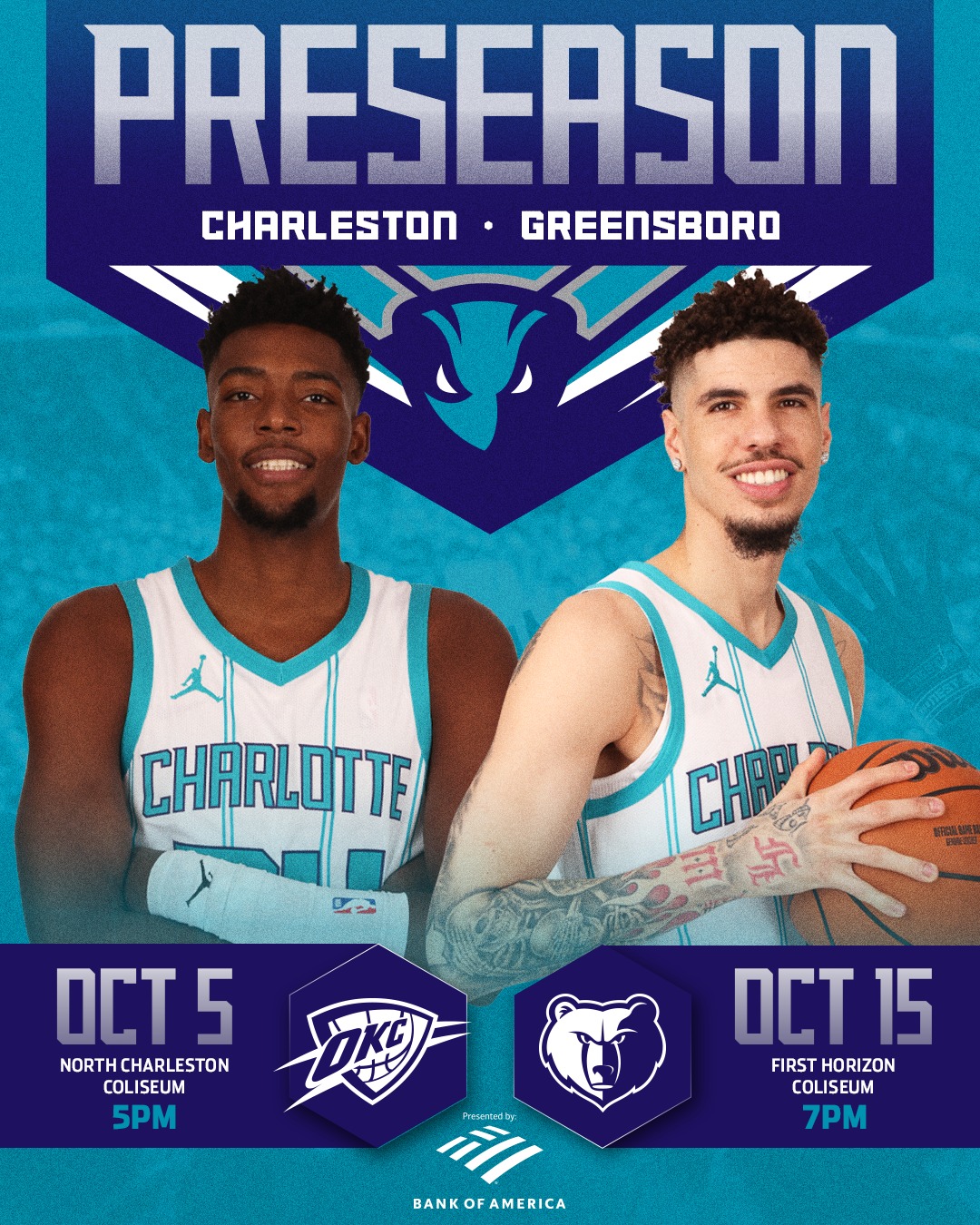 Instagram post by @hornets for Bank of America. Caption reads: charleston & greensboro we're coming for you!.