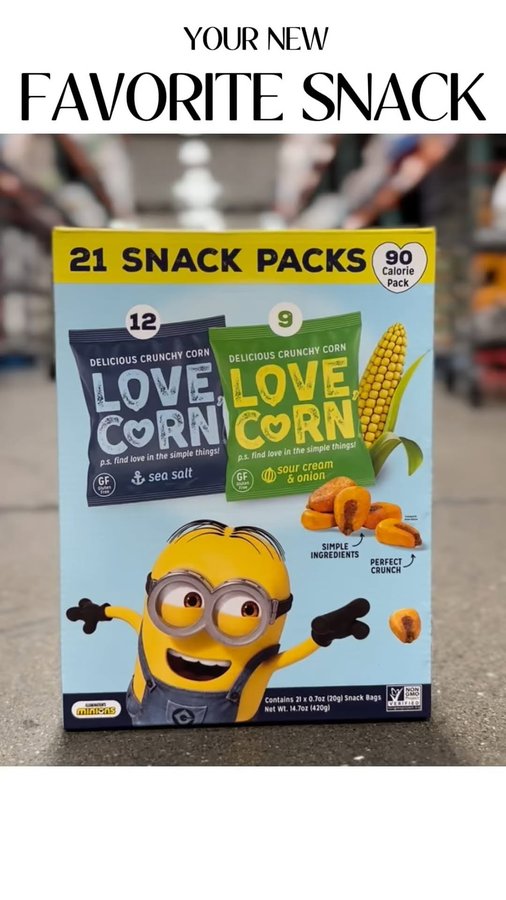 Instagram post by @costcobffs for LOVE CORN. Caption reads: @lovecorn_snacks have arrived @costco!! ♥️🌽
....
