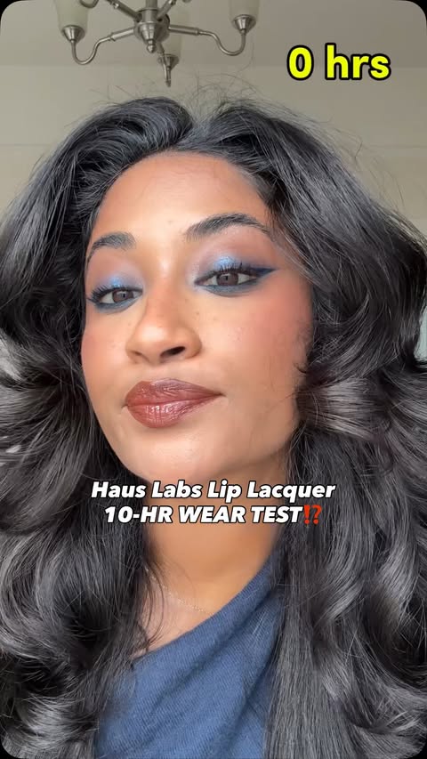 Instagram post by @monica.raviii for Haus Labs by Lady Gaga. Caption reads: WEAR TESTING the @hauslabs atomic shake lip....