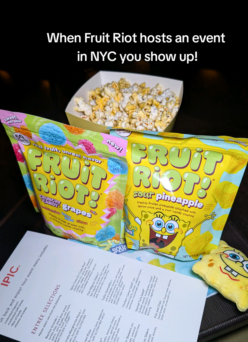 TikTok post by @novelleandmommy for SpongeBob SquarePants. Caption reads: When Fruit Riot hosts an event in NYC… you SHOW UP....