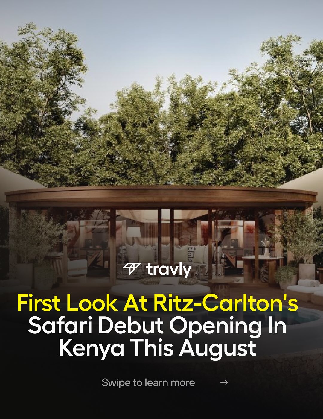 Instagram post by @safaris for Hotels.com. Caption reads: Luxury meets wilderness in Kenya 🐘🌿✨....