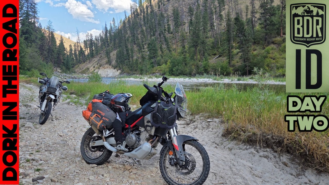 YouTube post by @DorkintheRoad for Mosko Moto. Caption reads: Riding Adventure Bikes on the Idaho BDR, Day 2:....
