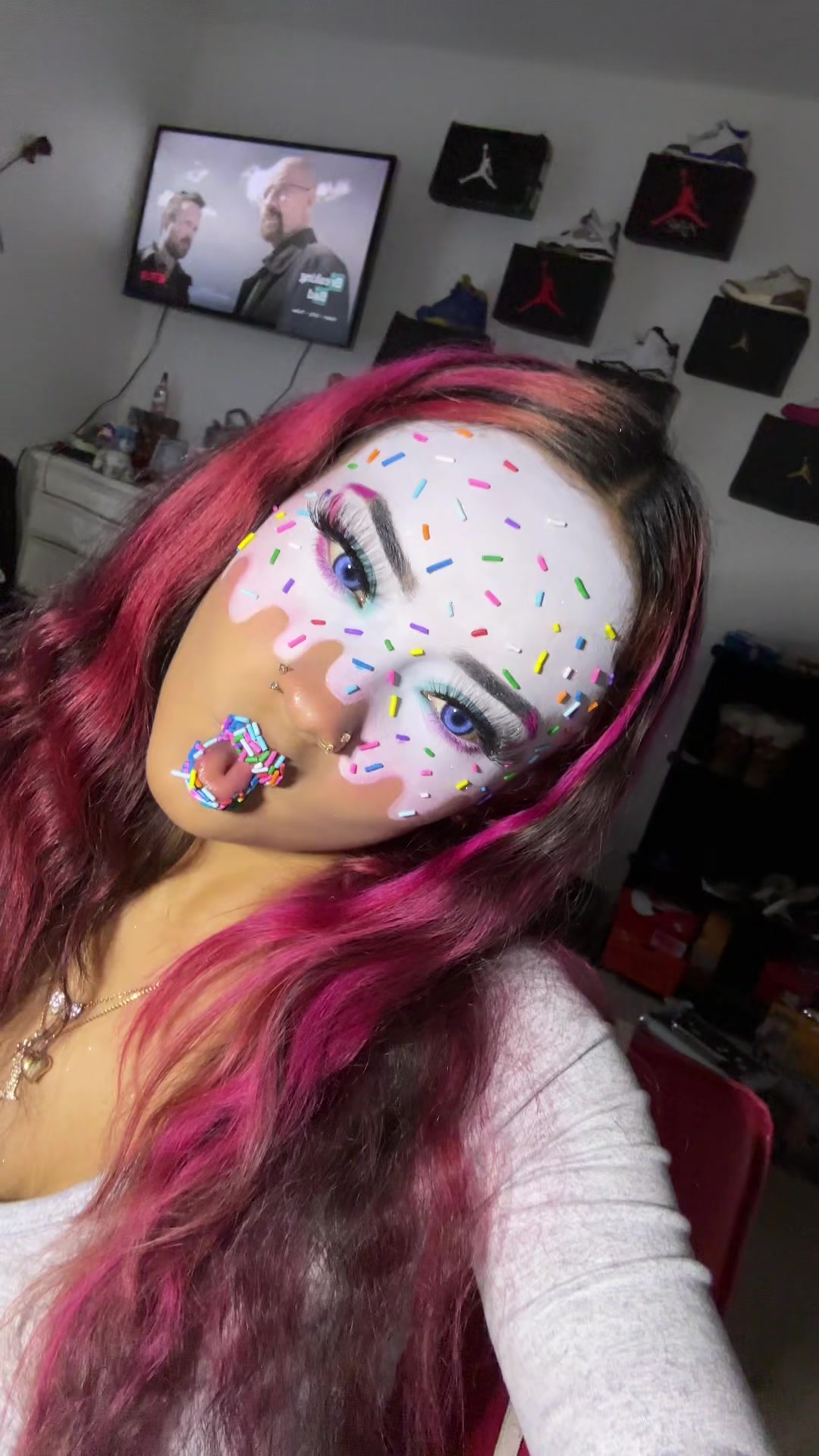 TikTok post by @c30smakeupgallery for EYEVOS. Caption reads: sprinkles are mid ash 🫩 contacts from @EYEVOS....