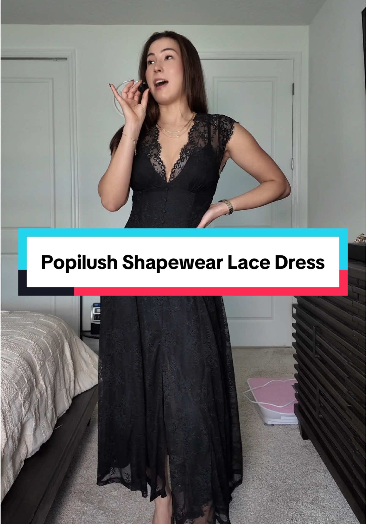 TikTok post by @jeanna.nichole for Popilush. Caption reads: 5’8” 145lbs size M @Popilush LLC shapewear dresses....