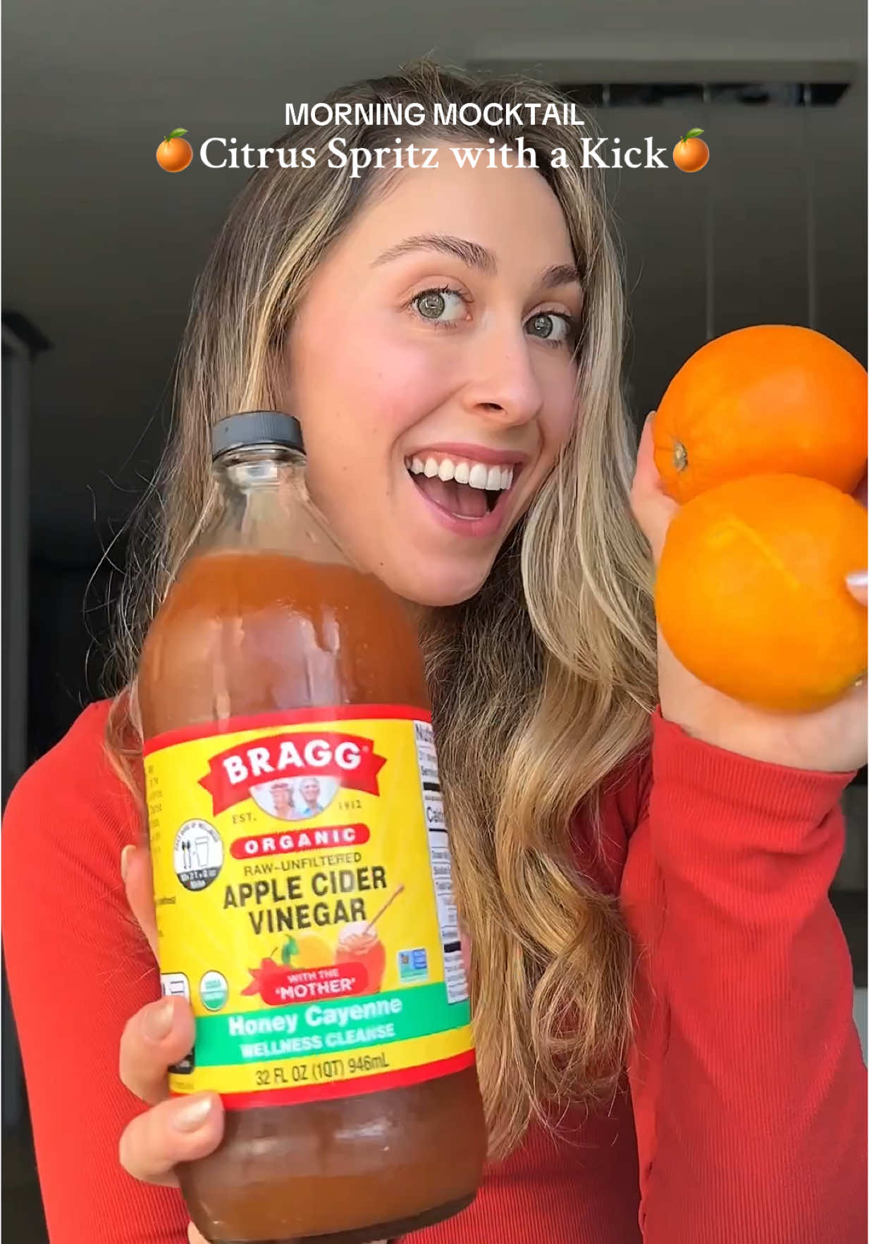 TikTok post by @goodeatsbyrose for Bragg. Caption reads: (Kick)start your morning with my 🍊Citrus Spritz....