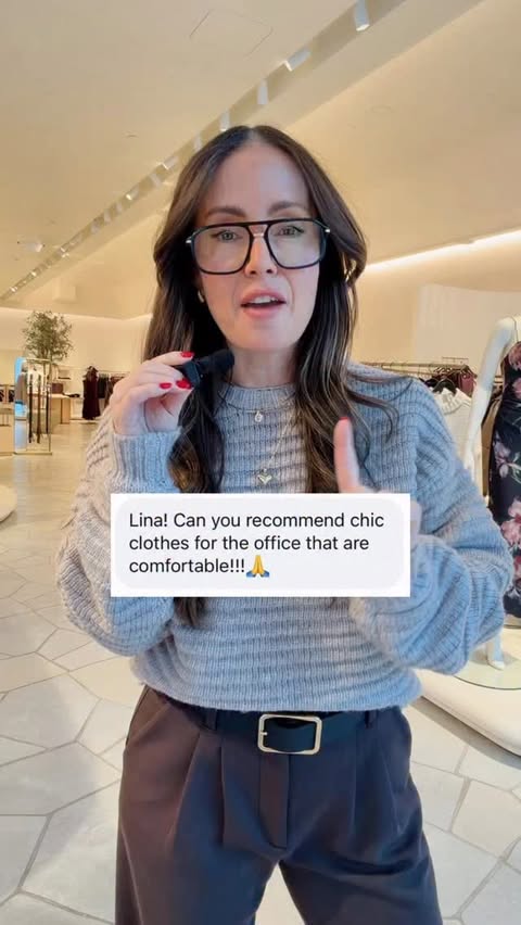 Instagram post by @lina.saoumaa for Dynamite Clothing. Caption reads: Comfy chic at the office! @dynamiteclothing is....