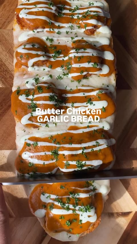 Instagram post by @shewillevolve for InnovAsian Cuisine. Caption reads: This Butter Chicken Garlic Bread is crispy, saucy....