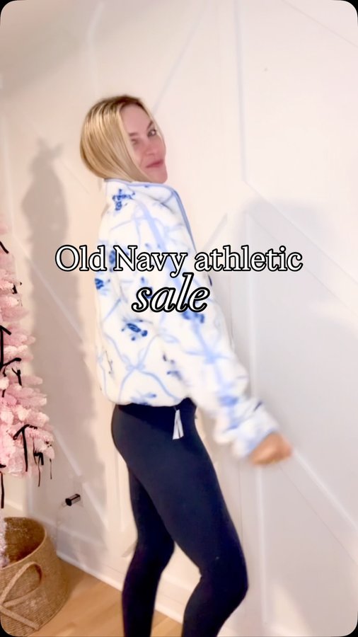 Instagram post by @bridgetkiene for Old Navy. Caption reads: Mom life uniform = Old Navy active 👟 
SALE is....