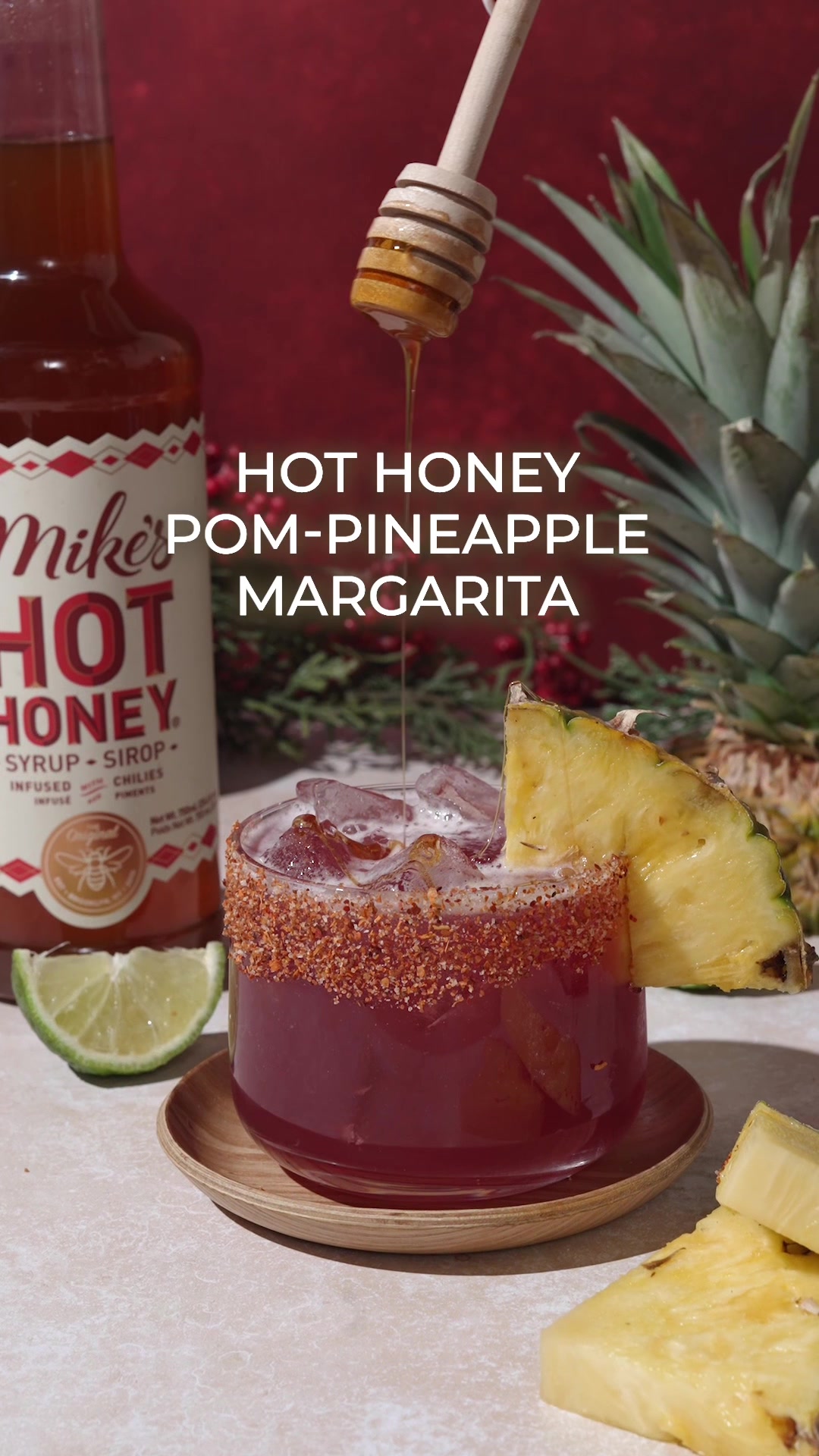 TikTok post by @the.boozy.ginger for Mike's Hot Honey. Caption reads: [...] Hot Honey Syrup and spicy salt....