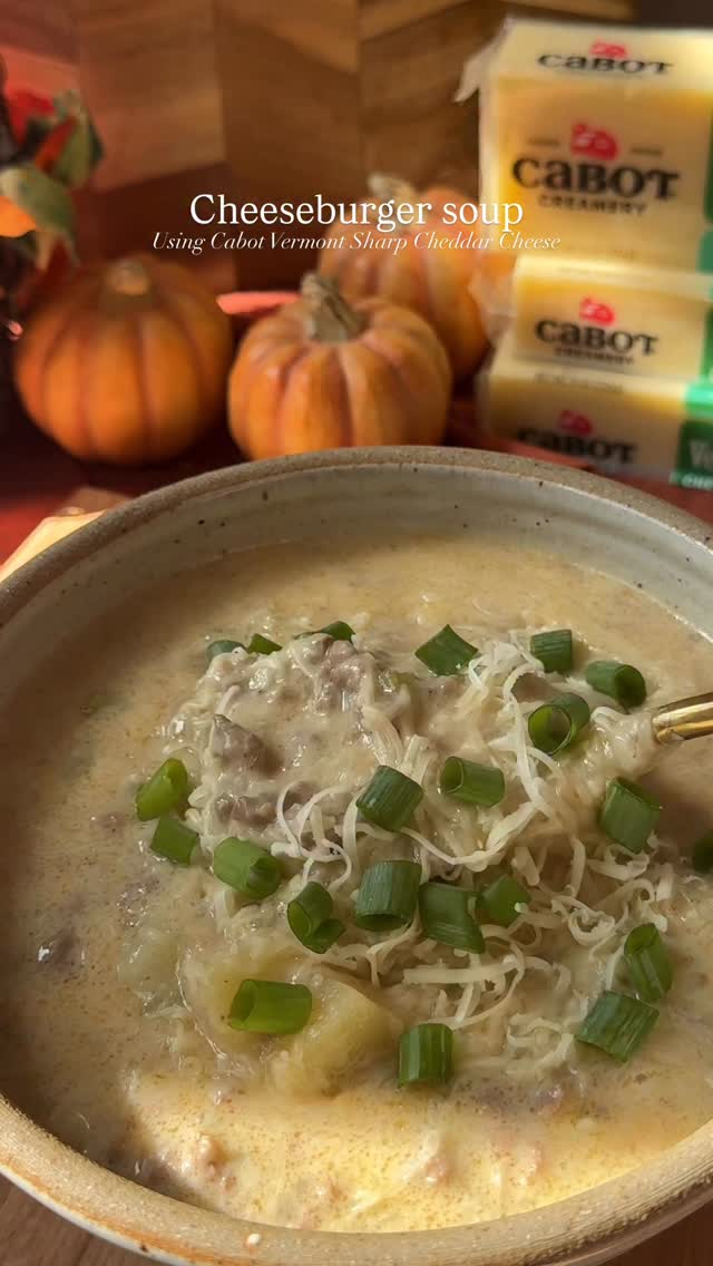 Instagram post by @dieteticaesthetic for Cabot Creamery Cooperative. Caption reads: Cheeseburger soup ft. @cabotcreamery Cabot Vermont....