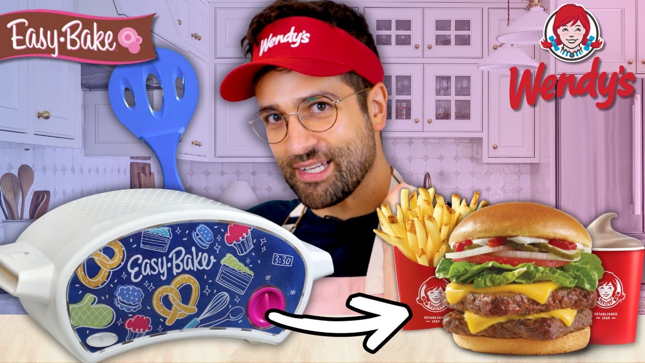 YouTube post by @thejonnycakes for Goldbelly. Caption reads: I Made a WENDY'S Combo Meal in an EASY-BAKE Oven.
