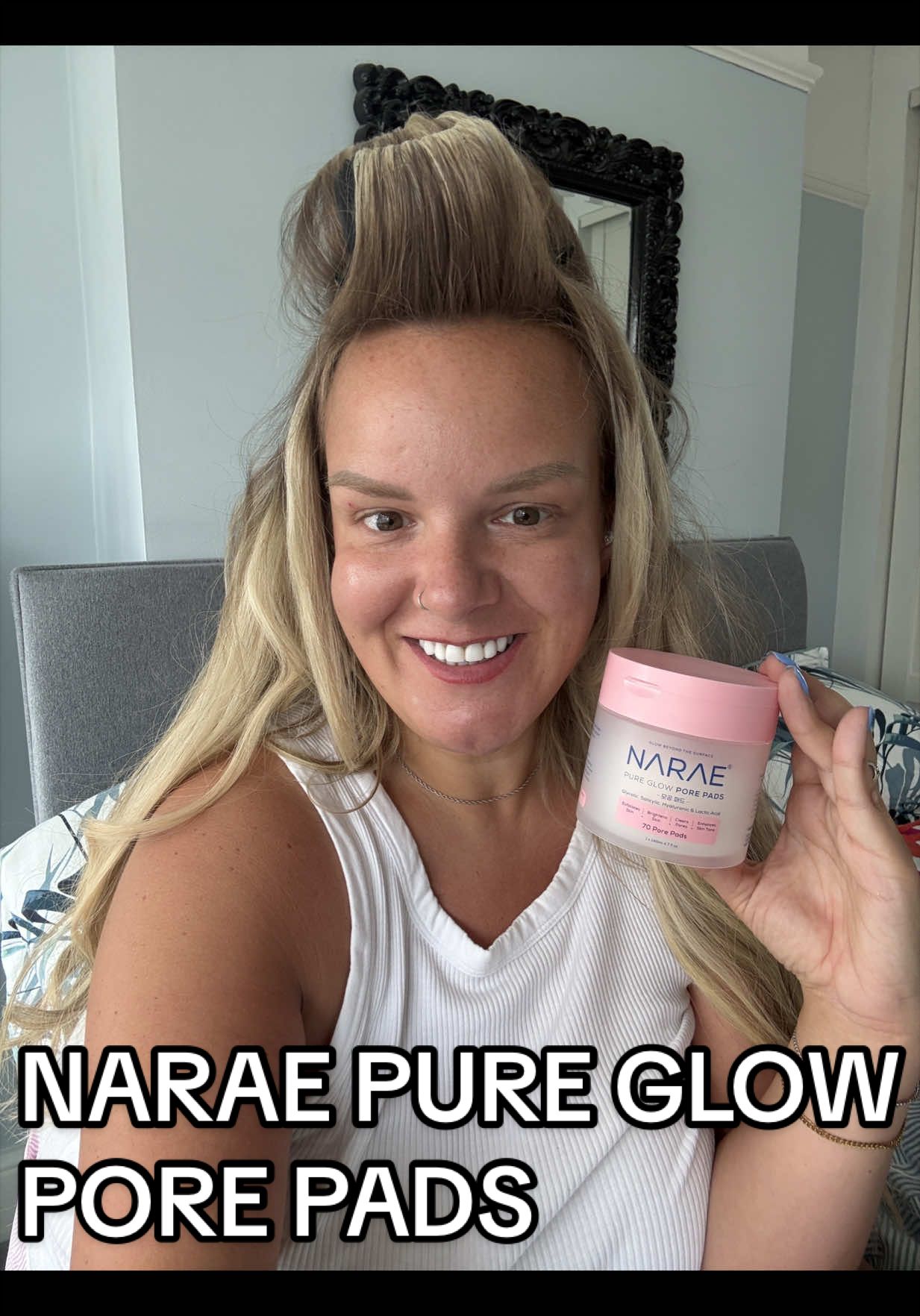 TikTok post by @whatlauraloves for Narae. Caption reads: The @Narae UK Pure Glow Pore Pads are my Korean....