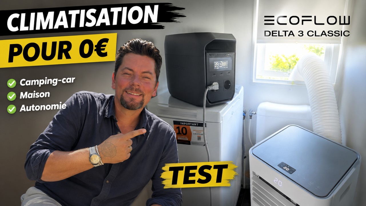 YouTube post by @FamilyRossVlog for EcoFlow. Caption reads: [...] air conditioner powered by an EcoFlow Delta....