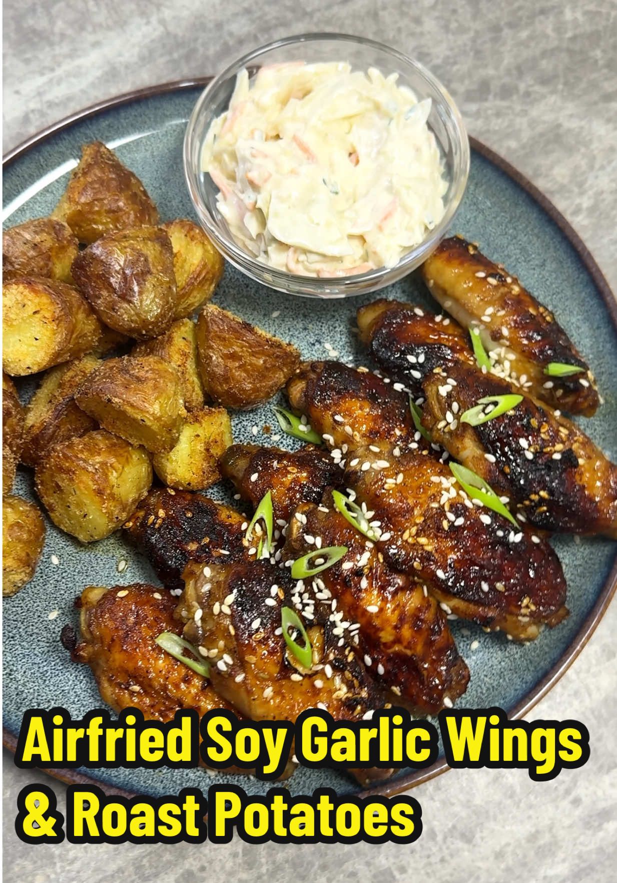 TikTok post by @delicate_bites for Keplin. Caption reads: Airfried Soy garlic wings and roast potatoes ....