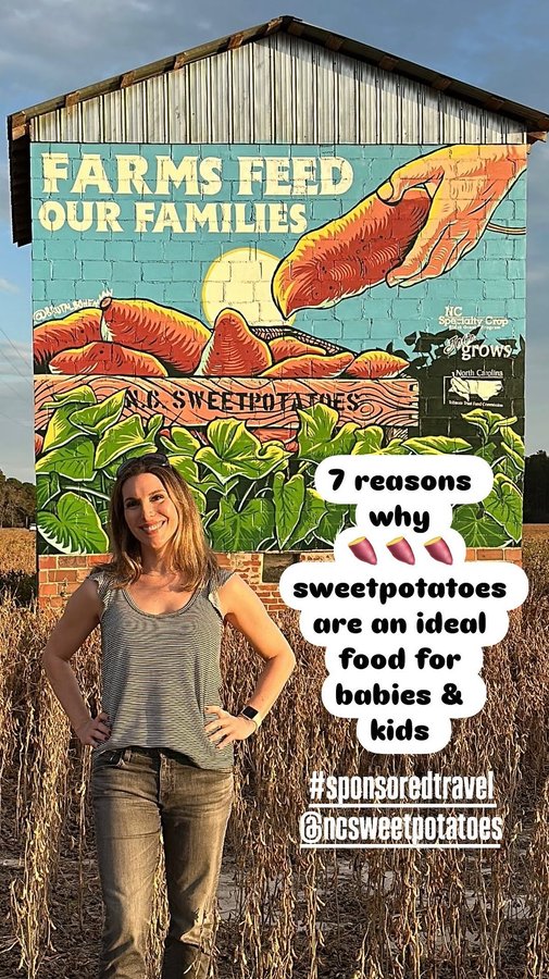 Instagram post by @healthy.mom.healthy.kids for NC Sweetpotatoes. Caption reads: #sponsoredtravel @ncsweetpotatoes Drop me a 🍠 if....