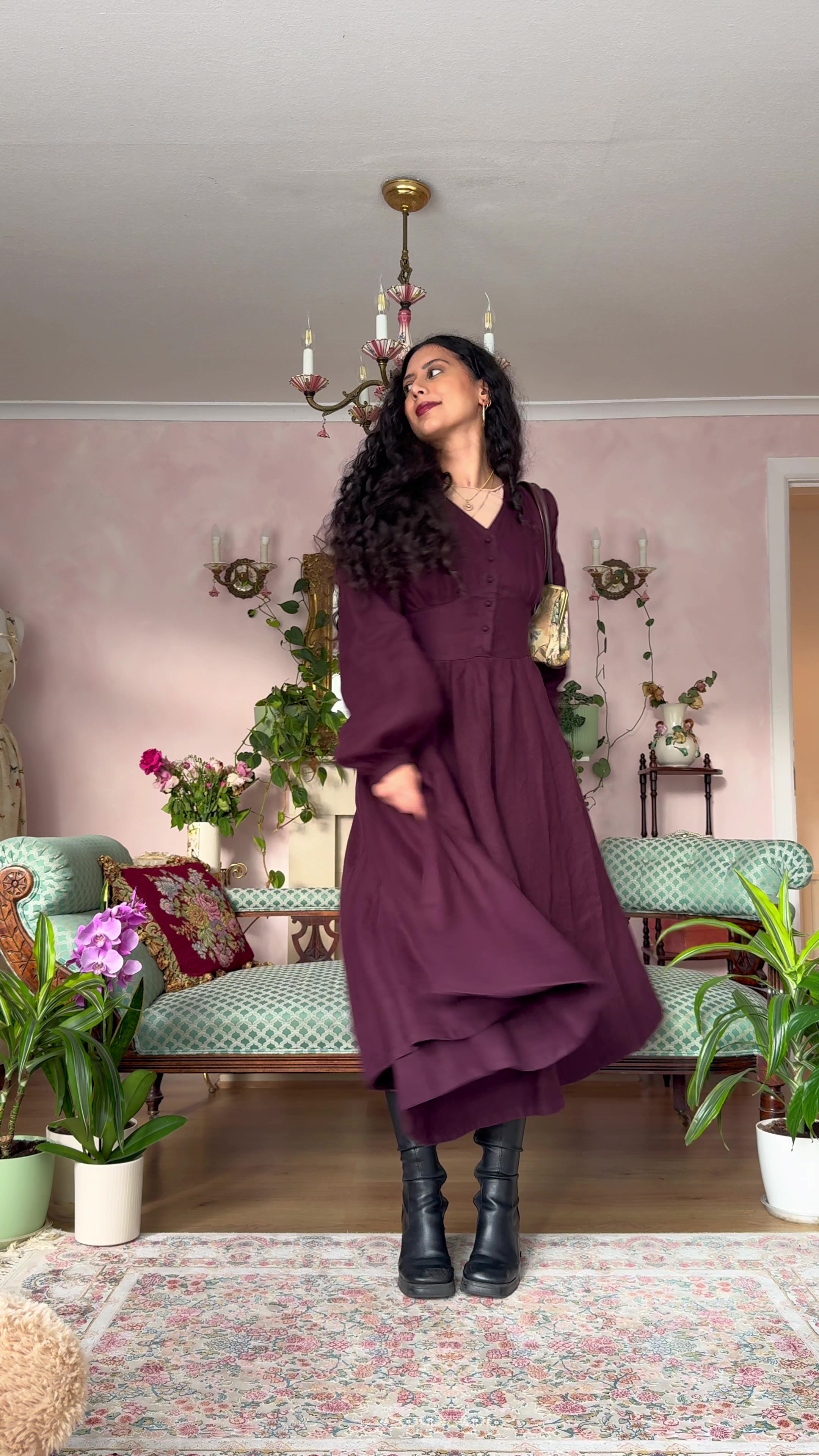 TikTok post by @delashhhh for Son de Flor. Caption reads: [...] aubergine dress🫶🏼 gifted from @Son de Flor....