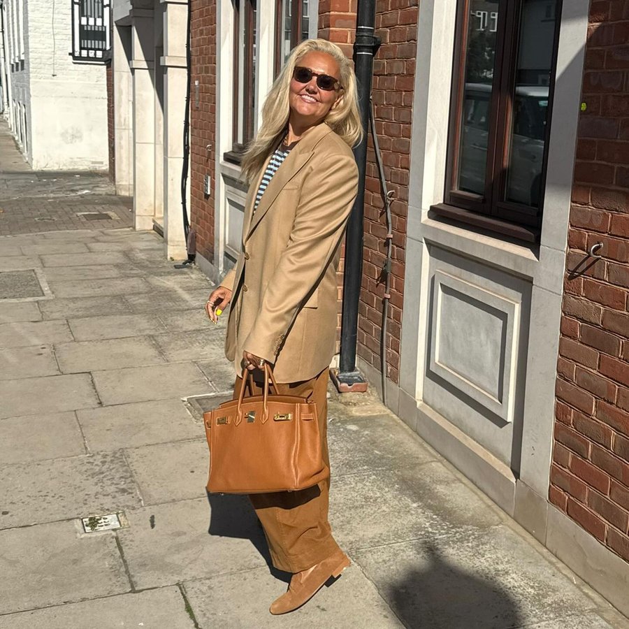 Instagram post by @carolinehirons for Lioness Fashion. Caption reads: Fifty shades of beige. 

Blazer: @stellamccartney....