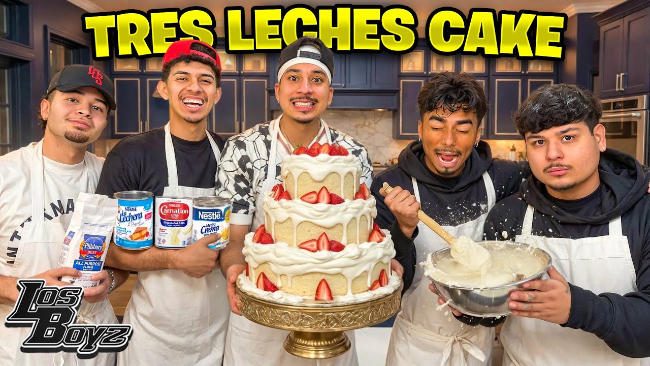 YouTube post by @losboyz_ for BetterHelp. Caption reads: LOS BOYZ TRY MAKING A TRES LECHES CAKE!! *Gets....