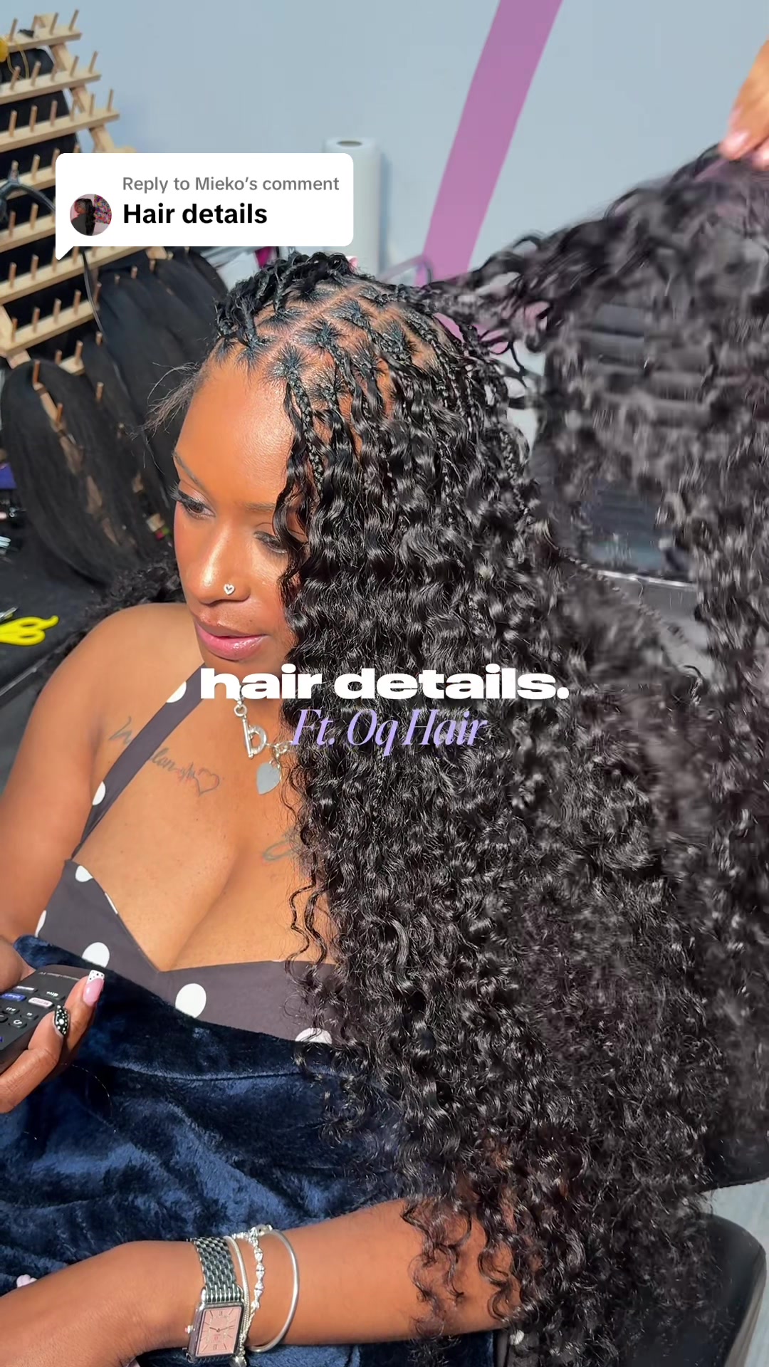 TikTok post by @miie.ko for OQHAIR. Caption reads: Replying to @Mieko hair details ft. @OQHAIR....