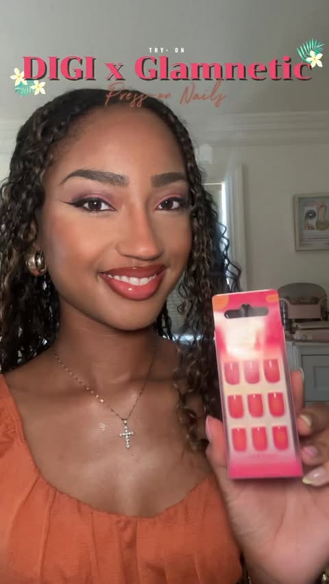 Instagram post by @cheys_beauty_page for Glamnetic. Caption reads: @glamnetic @digibyglamnetic 😍☀️🧡💕 #gifted [...].