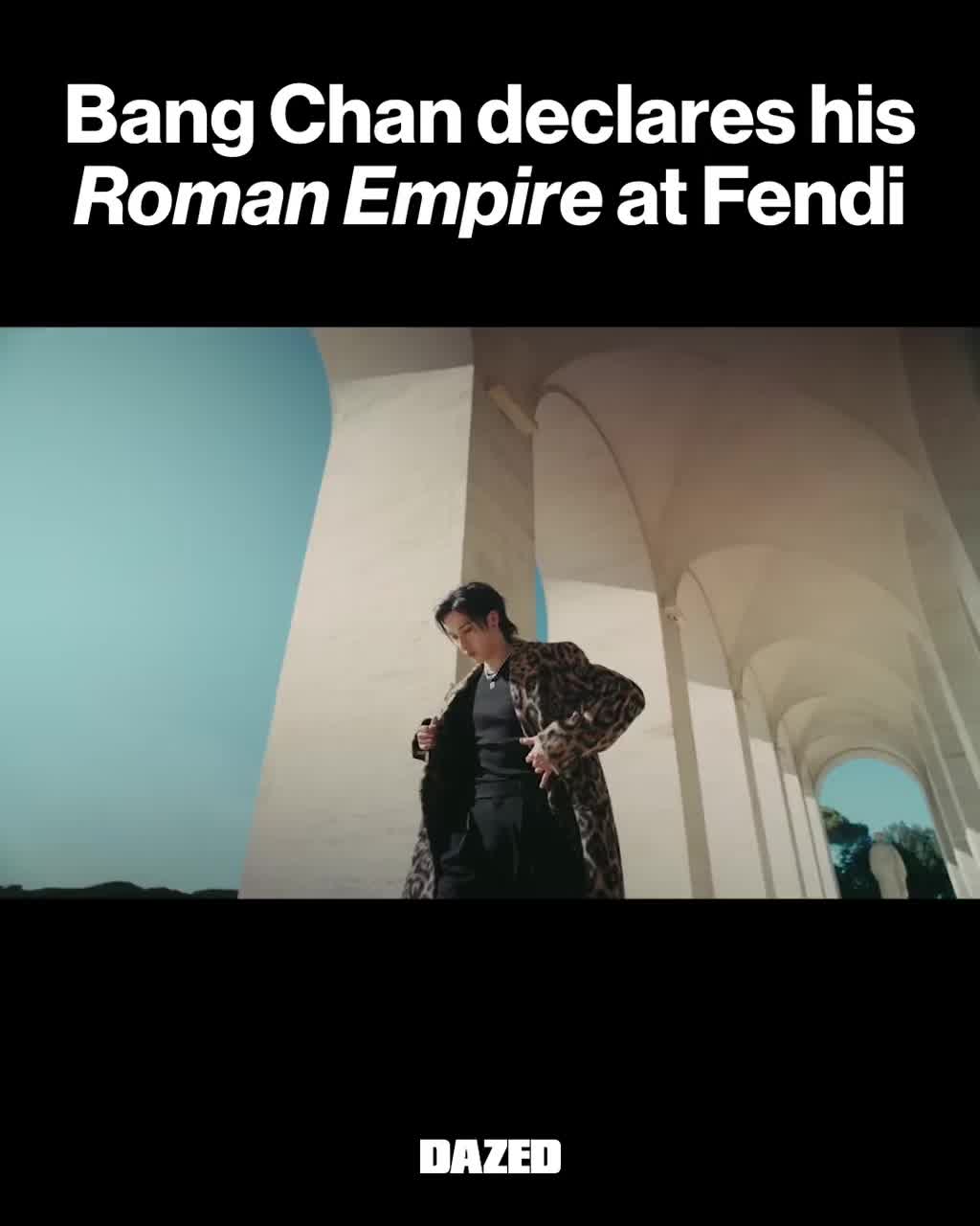TikTok post by @dazed for Fendi. Caption reads: Bang Chan goes full Caesar for 'Roman Empire', a....
