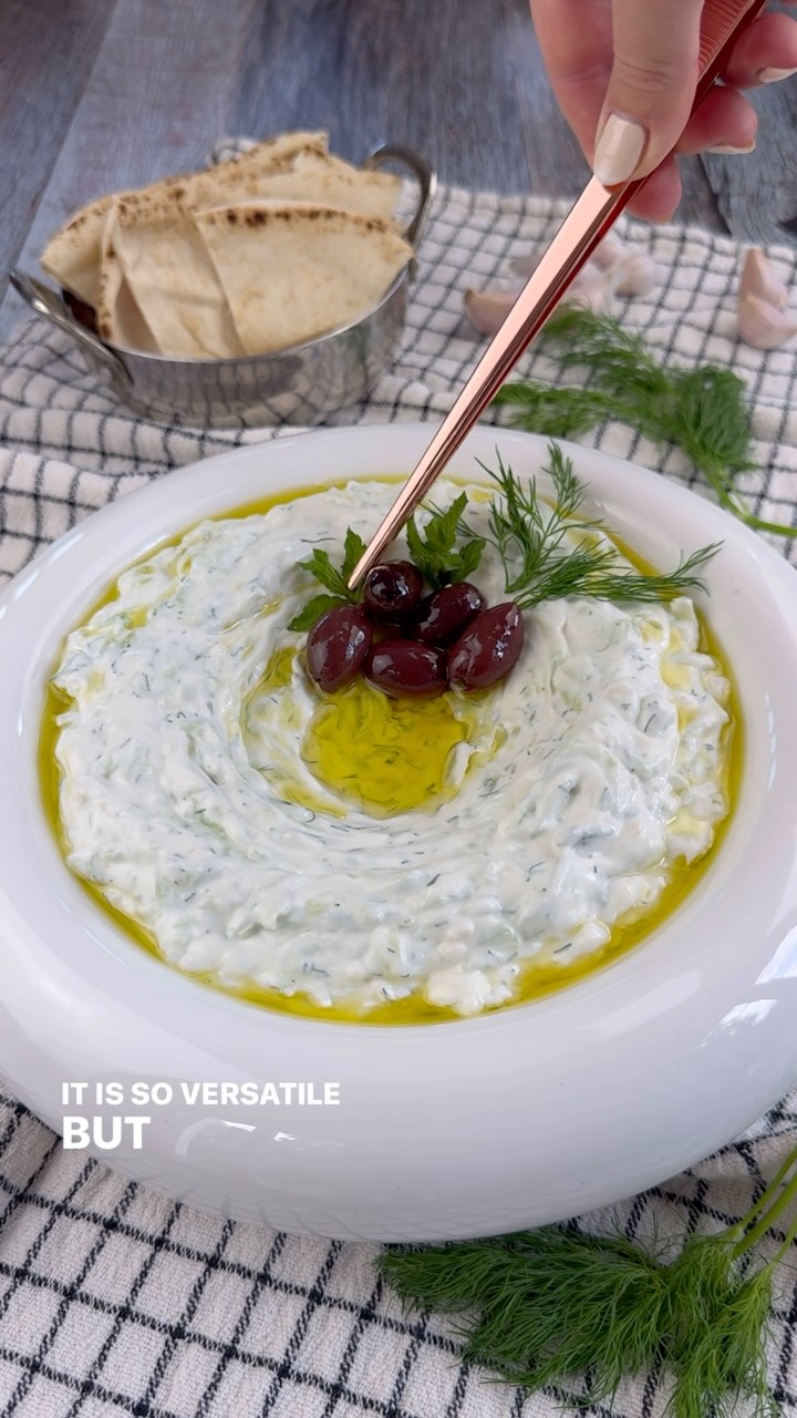 Instagram post by @vessys_gourmet_kitchen for Cabot Creamery Cooperative. Caption reads: Greek Tzatziki- the best Mediterranean dip there....