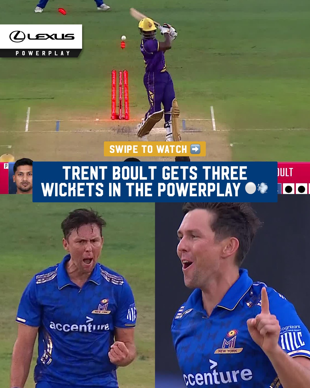 Instagram post by @minycricket for Lexus. Caption reads: Trent Boult is proving to be a problem for LAKR,....