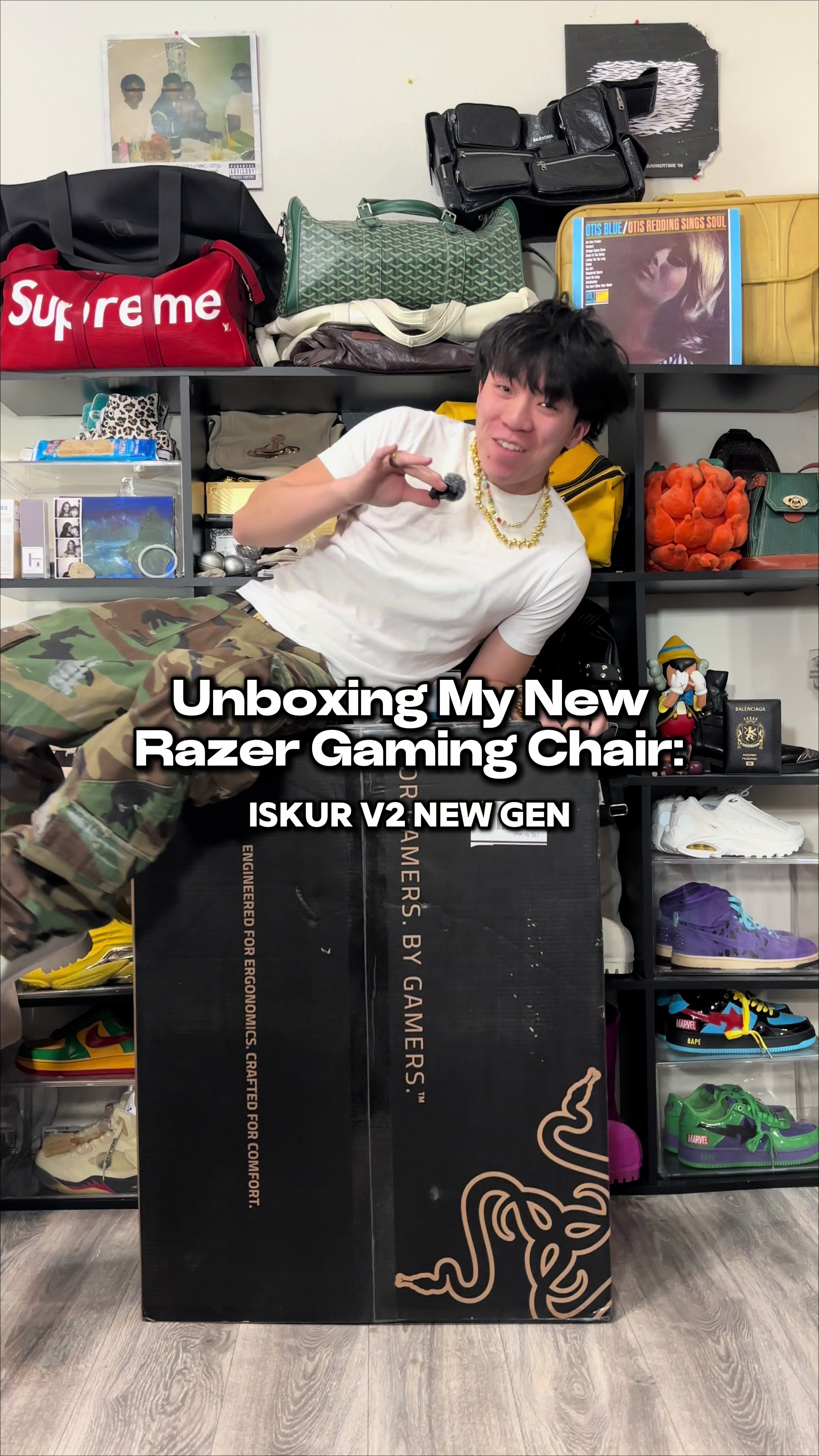 TikTok post by @mr.aar0n for Razer. Caption reads: already threw my old chair out👋🤧 @Razer #mraar0n....