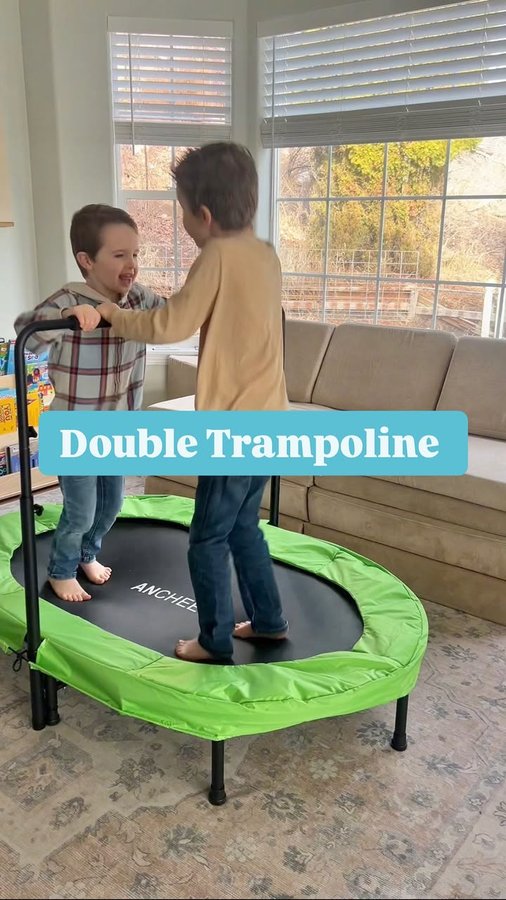 Instagram post by @pineconesandpacifiers for ancheer. Caption reads: Comment TRAMPOLINE and i’ll send you the link to....