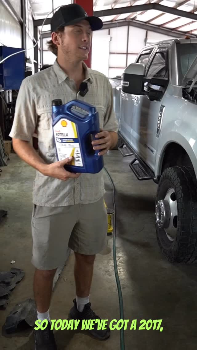 Instagram post by @powerstroke.central for Shell Rotella. Caption reads: #Ad Today we put @ShellRotellat T6 5W-40 in this....