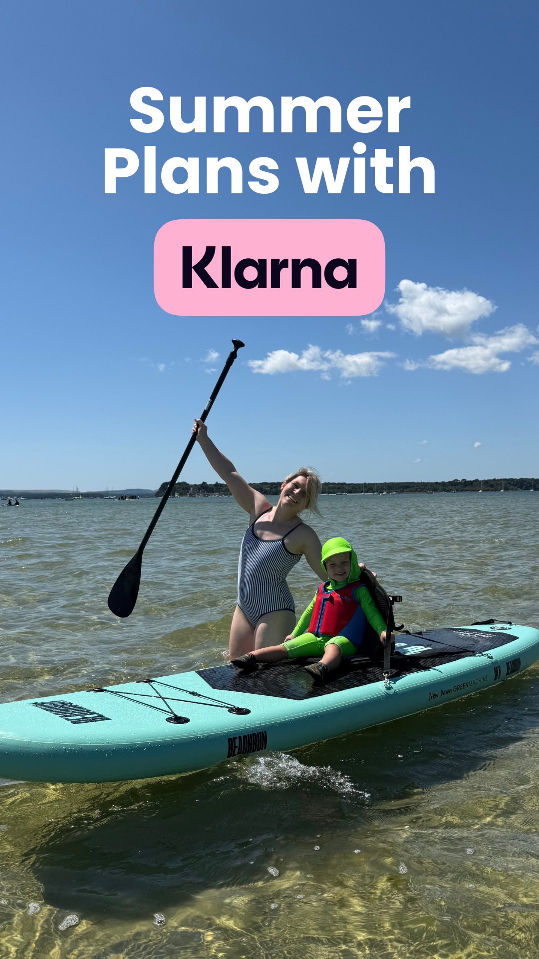 Instagram post by @abigail_stacey22 for Klarna. Caption reads: #AD | We kept renting a paddleboard every time we....