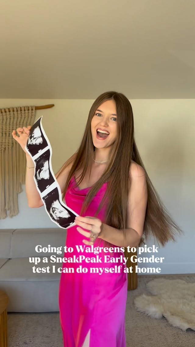 Instagram post by @angela.holm for SneakPeek Test. Caption reads: I’m finding out the gender of our baby 🩵🩷 !! I’m....