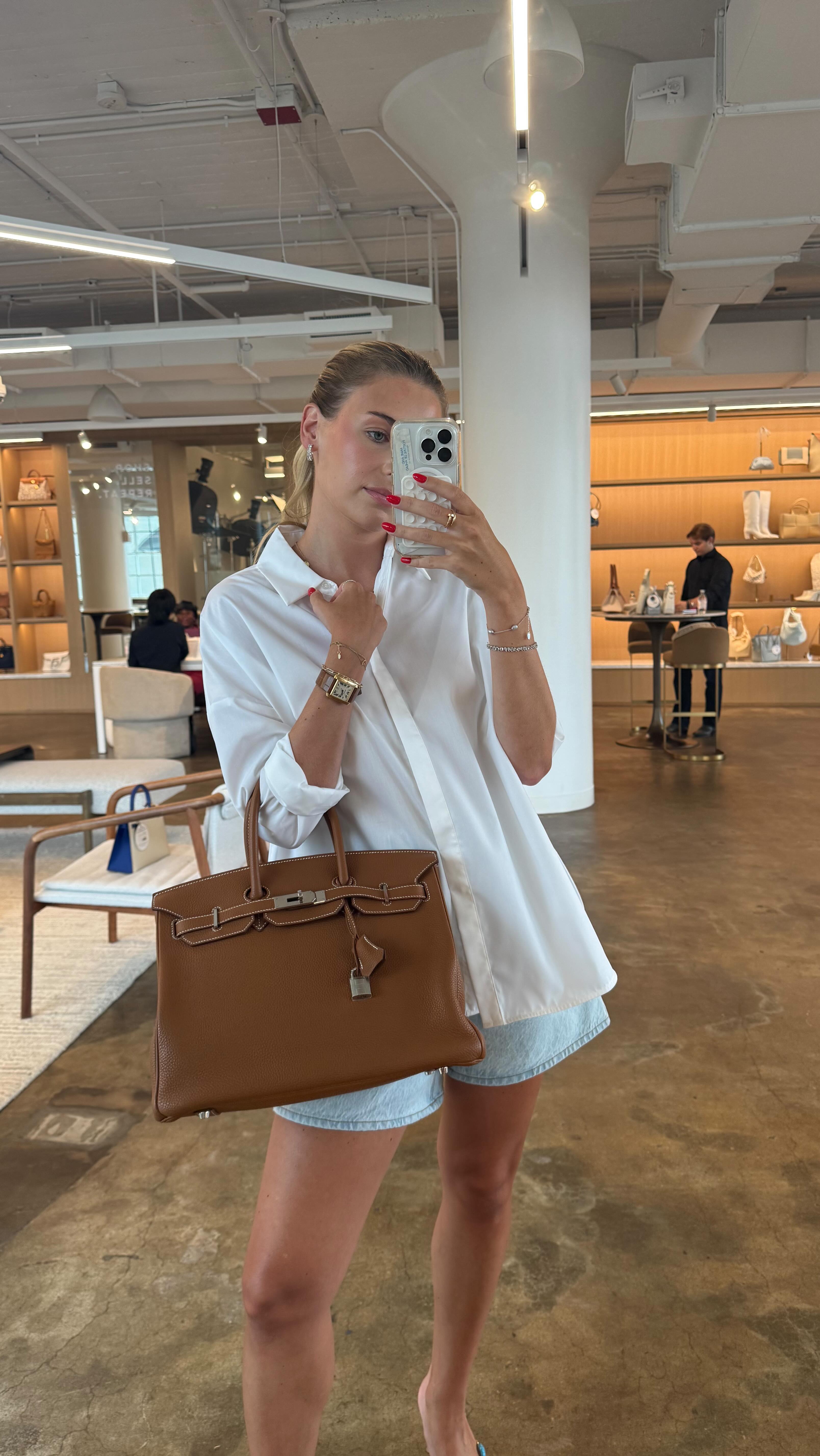 Instagram post by @carolinemaggs for FASHIONPHILE. Caption reads: [...] pick out my first Birkin ?! 👛🤪💅🏻....