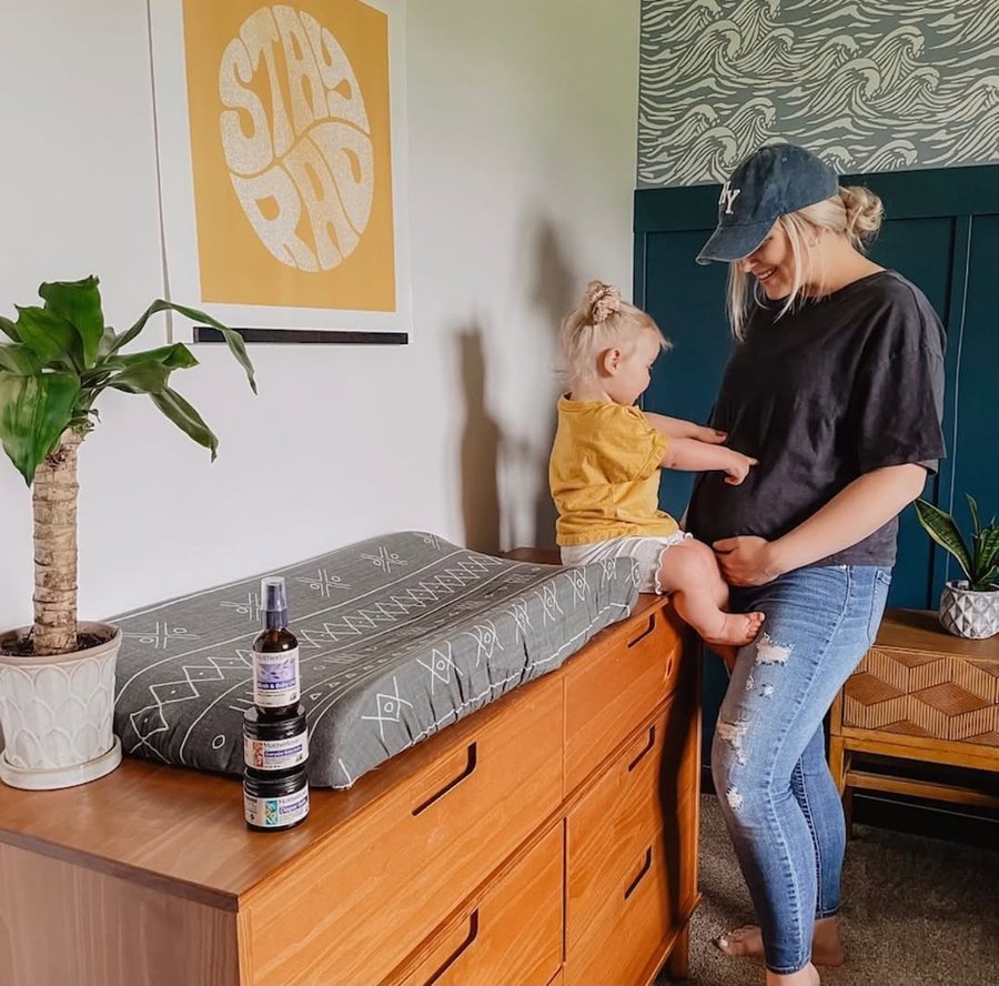 Instagram post by @hayles.robinson for Motherlove Herbal Company. Caption reads: Prepping for baby 3 with my little helper! ☀️

One....