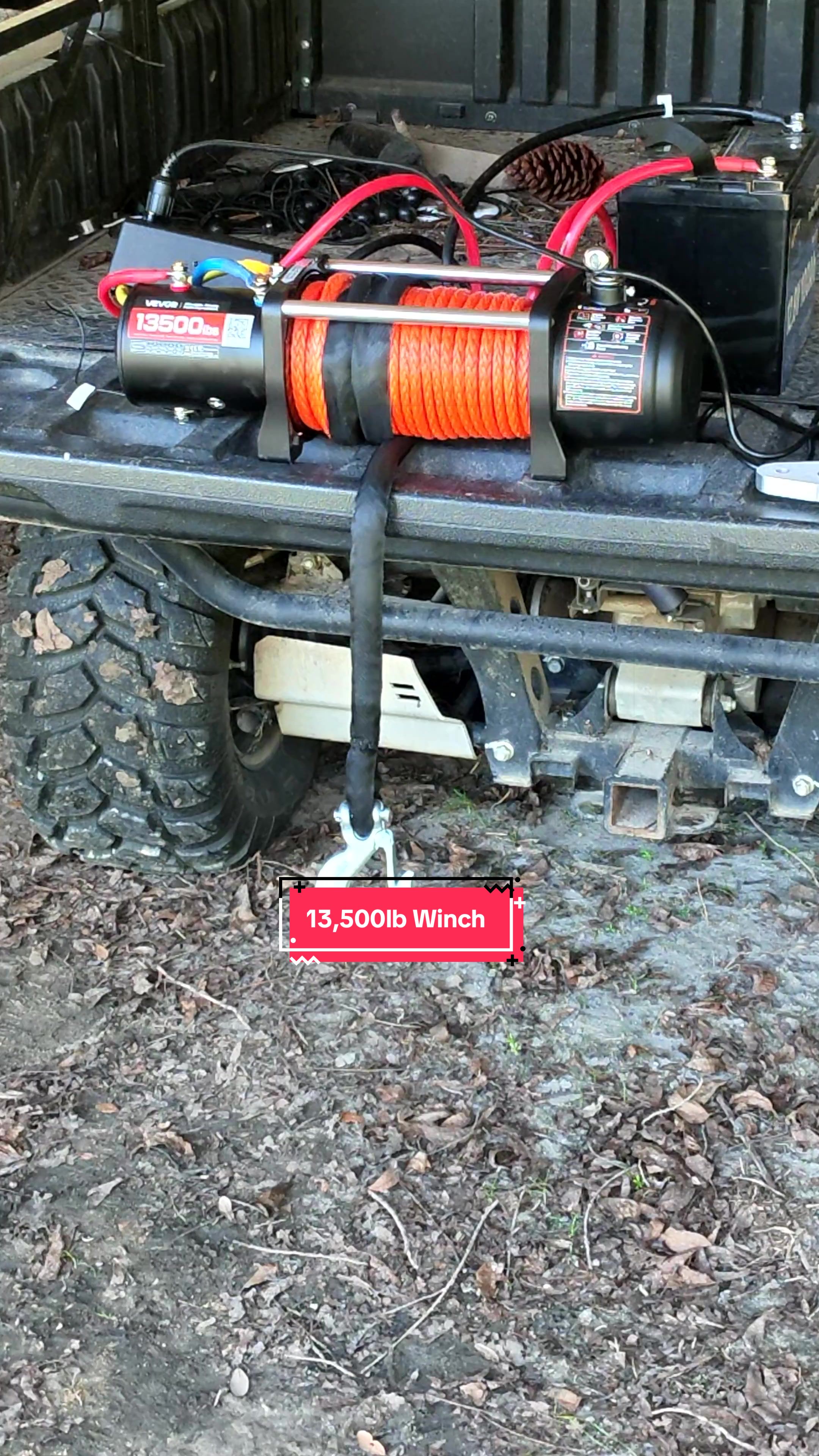 TikTok post by @thrivingcountry for VEVOR Home Improvement. Caption reads: 13,500 lb 12V electric winch with 80 ft synthetic....