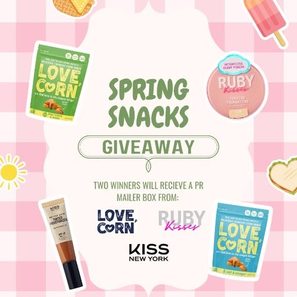 Instagram post by @rubykissescosmetics for LOVE CORN. Caption reads: 🌸 SPRING SNACKS GIVEAWAY! 🌽💄

We are serving up....