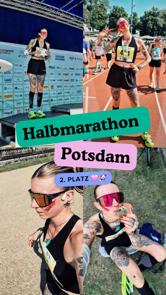 Instagram post by @running_elli.sabeth for Shokz. Caption reads: POTSDAM SCHLÖSSERLAUF 2025 - 2. PLATZ - 01:36:34....
