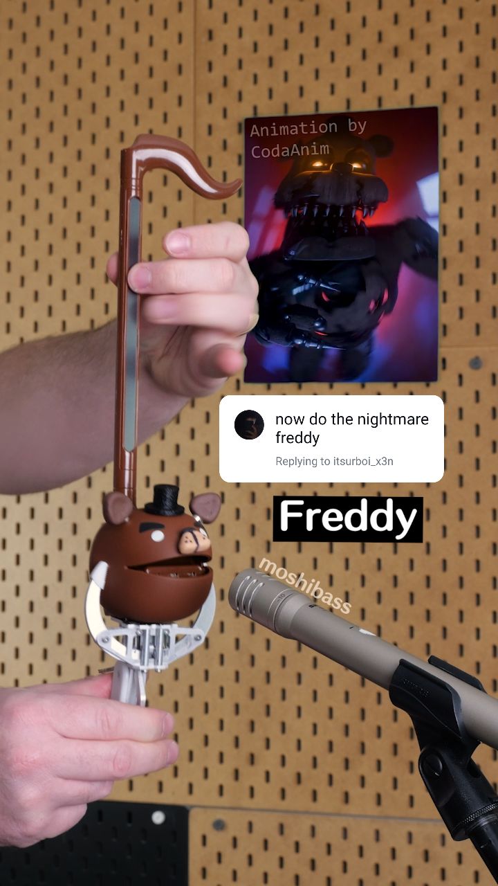 Instagram post by @moshibass for PCBWay. Caption reads: "I'm Nightmare Freddy" Otamatone Cover by....