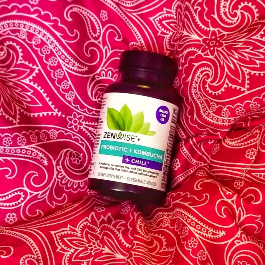 Instagram post by @butterbeans666 for Zenwise Health. Caption reads: These Probiotic + Kombucha + Chill supplements....