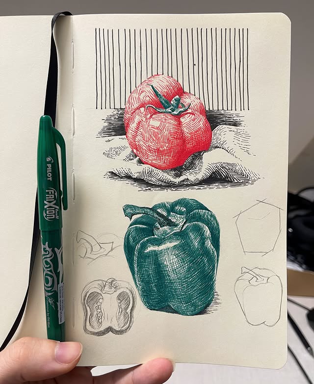 Instagram post by @sketchyusuf for Pilot Pen. Caption reads: Tomato 🍅 green pepper 🫑 and some doodles✍️ the....