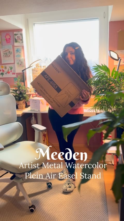 Instagram post by @aboutbasakkahraman for MEEDEN ART. Caption reads: POV: you found an easel for plein air but Germany....
