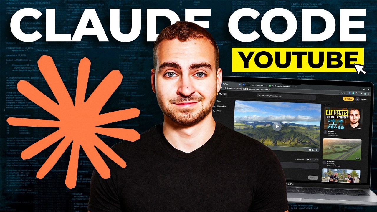 YouTube post by @TechWithTim for Hostinger. Caption reads: Building a Real App with Claude Code (Start to....