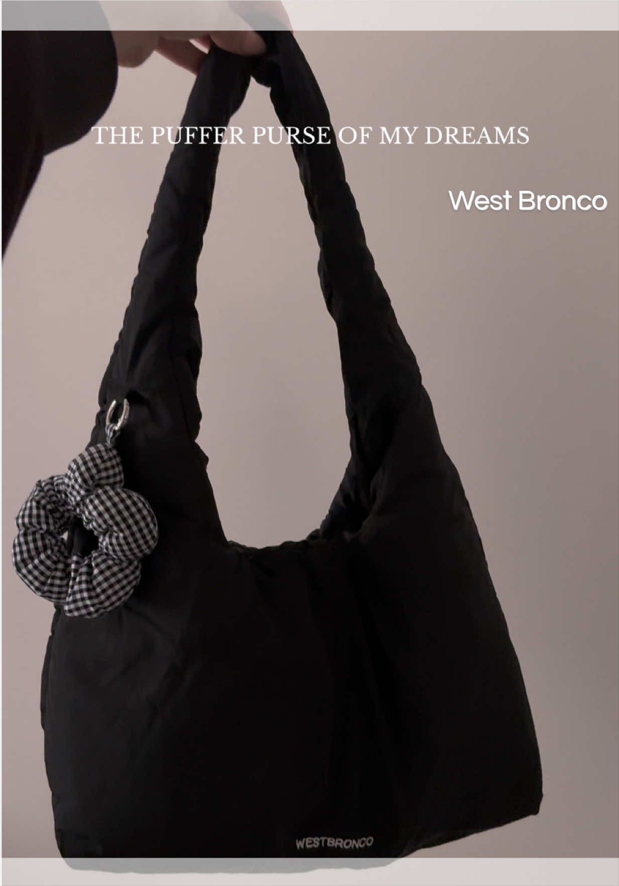 TikTok post by an influencer for WESTBRONCO. Caption reads: How stunning is she!!?!🖤 @WESTBRONCO #pufferpurse....