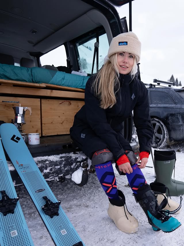 Instagram post by @strolzangela for Stox Energy. Caption reads: getting ready for skiing with @stoxenergy....